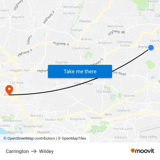 Carrington to Wildey map