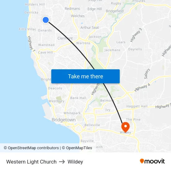 Western Light Church to Wildey map