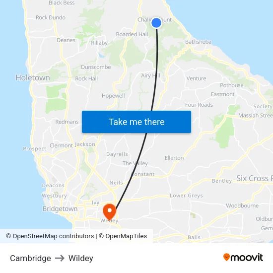 Cambridge to Wildey map