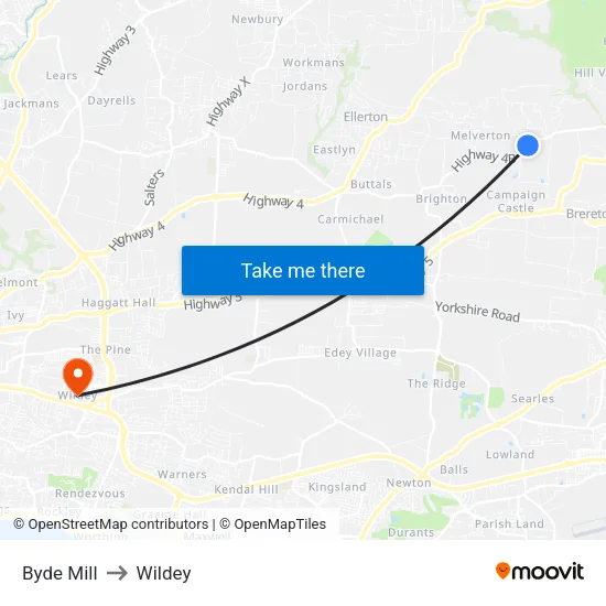 Byde Mill to Wildey map