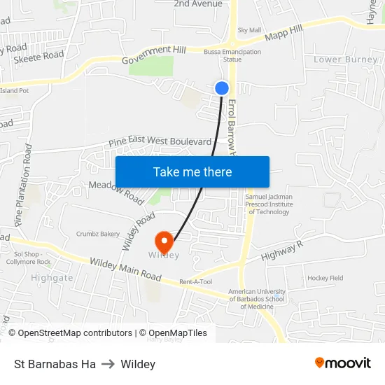 St Barnabas Ha to Wildey map