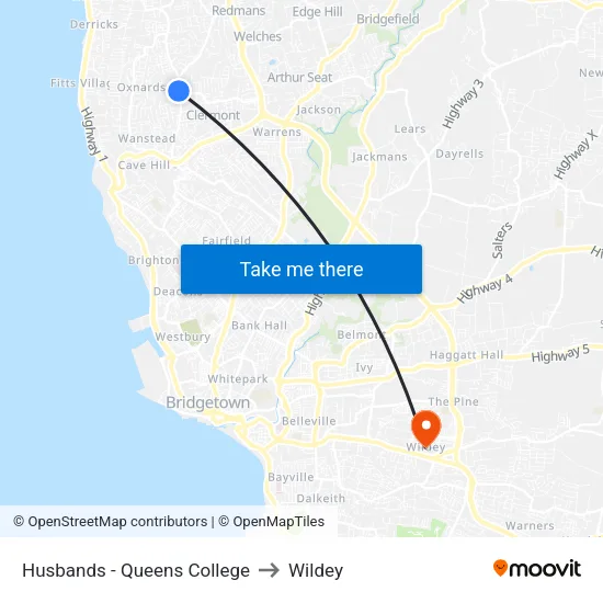 Husbands - Queens College to Wildey map
