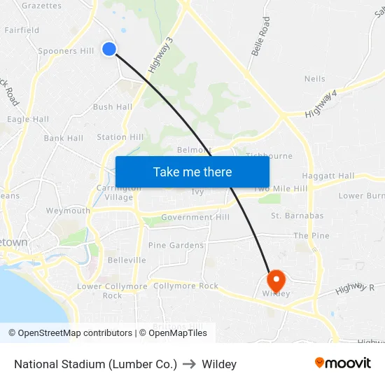 National Stadium (Lumber Co.) to Wildey map