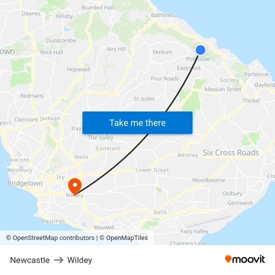 Newcastle to Wildey map