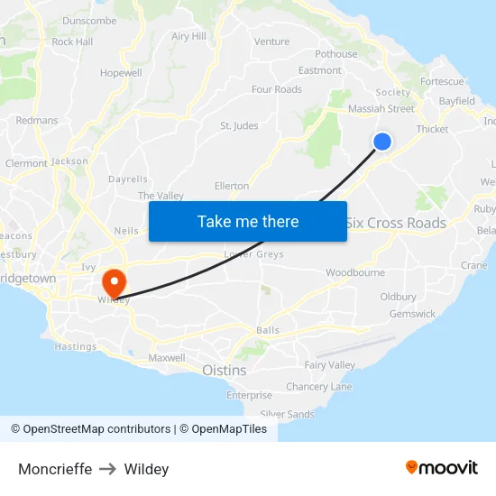 Moncrieffe to Wildey map