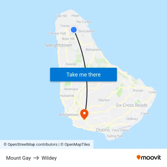 Mount Gay to Wildey map