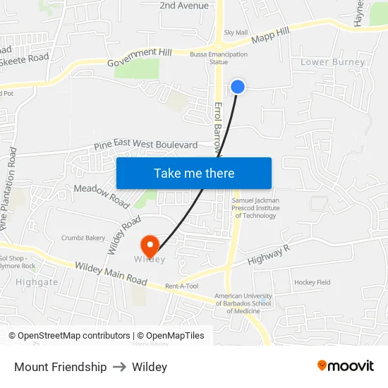 Mount Friendship to Wildey map