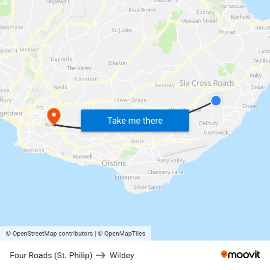 Four Roads (St. Philip) to Wildey map