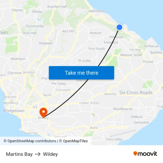Martins Bay to Wildey map