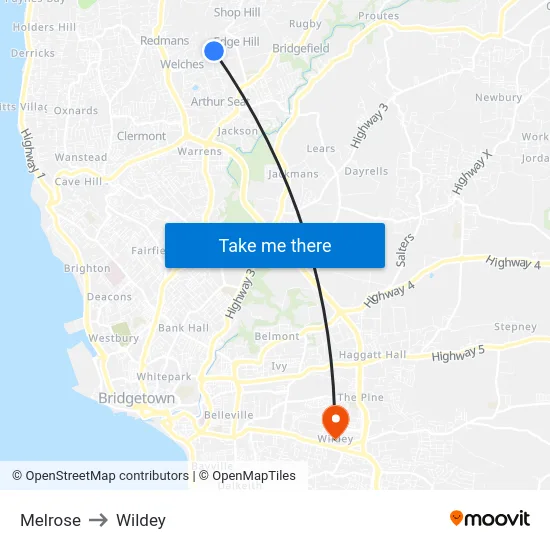 Melrose to Wildey map