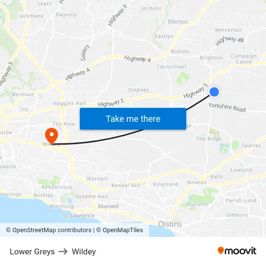 Lower Greys to Wildey map