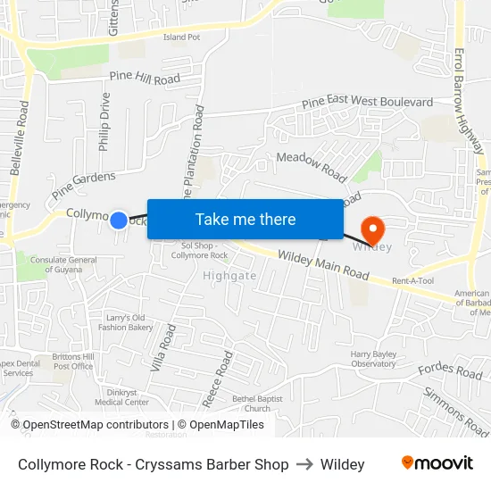 Collymore Rock - Cryssams Barber Shop to Wildey map