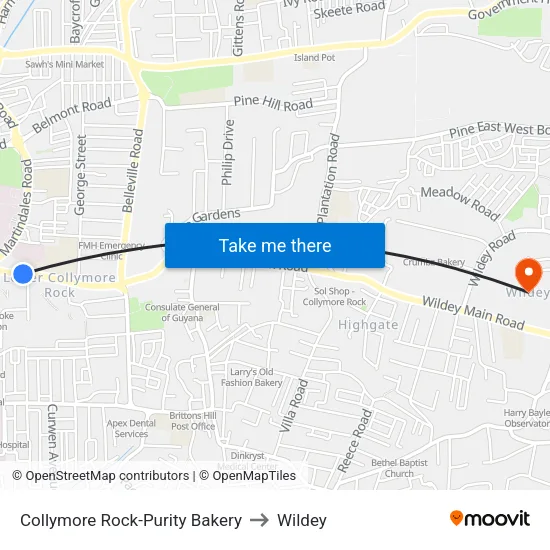 Collymore Rock-Purity Bakery to Wildey map