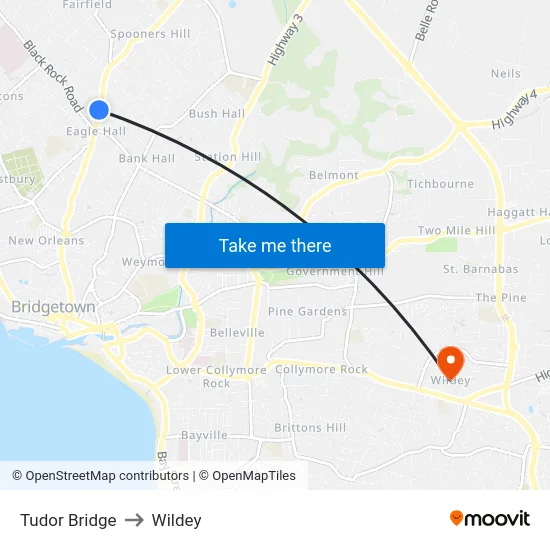 Tudor Bridge to Wildey map