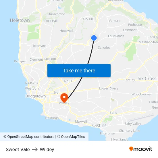 Sweet Vale to Wildey map