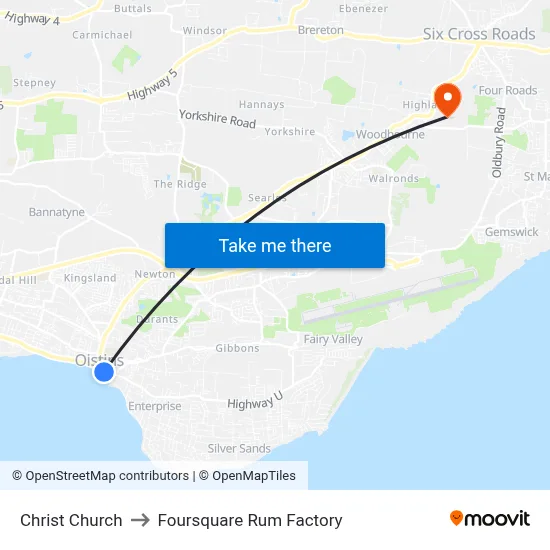 Christ Church to Foursquare Rum Factory map