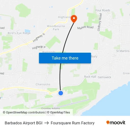 Barbados Airport BGI to Foursquare Rum Factory map