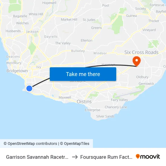 Garrison Savannah Racetrack to Foursquare Rum Factory map