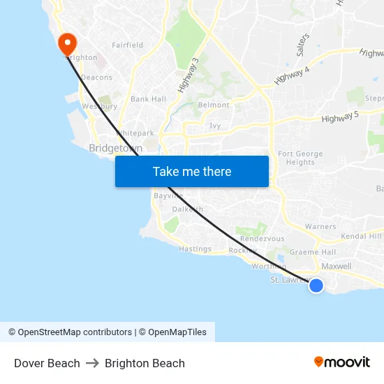 Dover Beach to Brighton Beach map