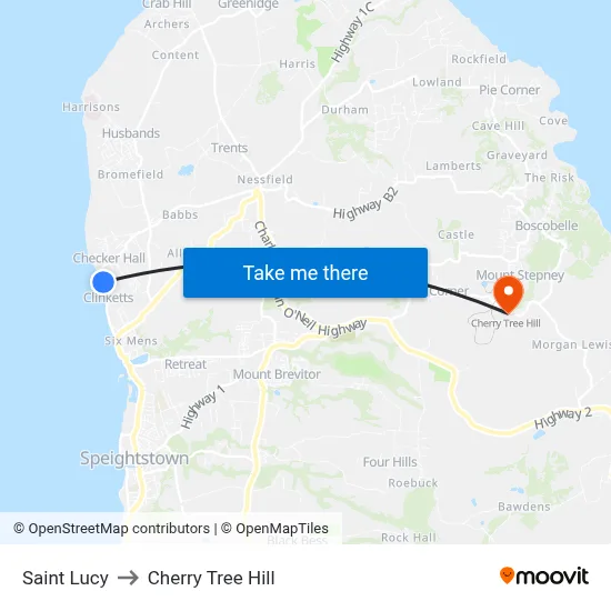 Saint Lucy to Cherry Tree Hill map