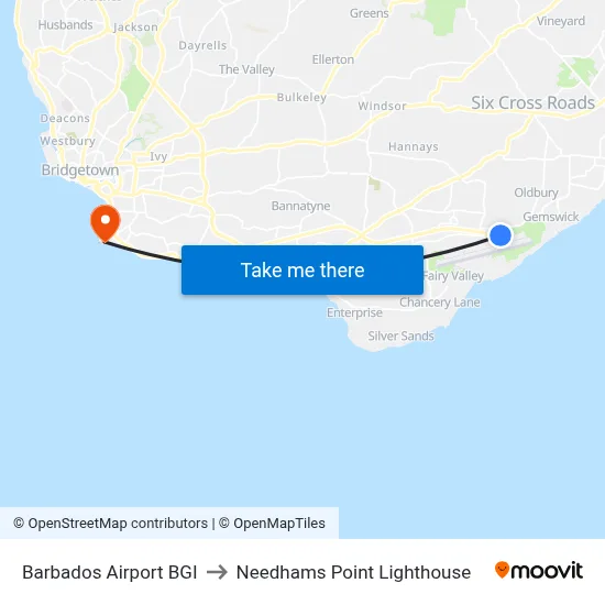 Barbados Airport BGI to Needhams Point Lighthouse map