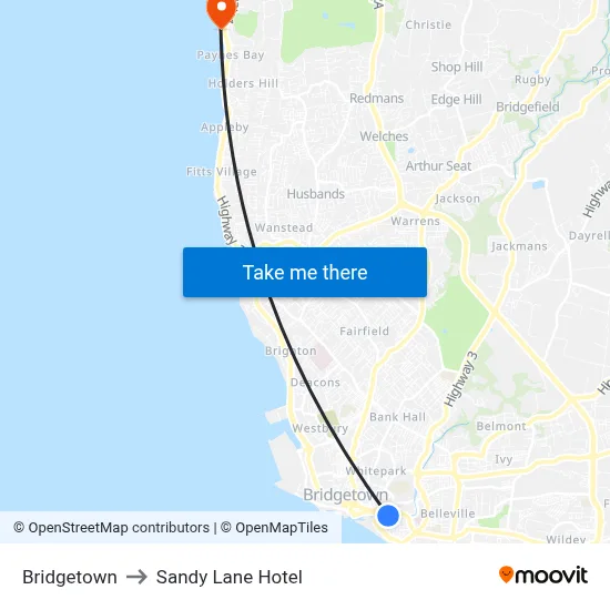 Bridgetown to Sandy Lane Hotel map