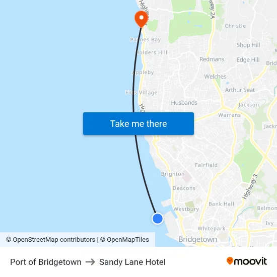 Port of Bridgetown to Sandy Lane Hotel map