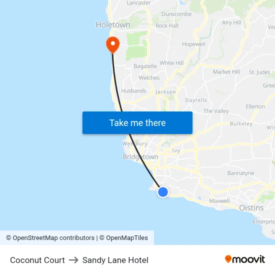Coconut Court to Sandy Lane Hotel map