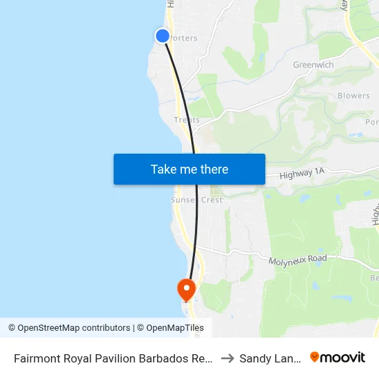Fairmont Royal Pavilion Barbados Resort, Saint James to Sandy Lane Hotel map