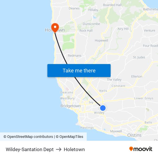 Wildey-Santation Dept to Holetown map