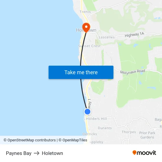 Paynes Bay to Holetown map