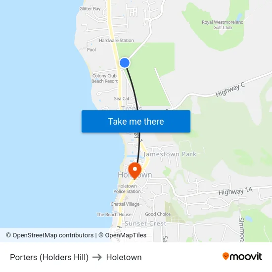 Porters (Holders Hill) to Holetown map