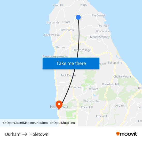 Durham to Holetown map