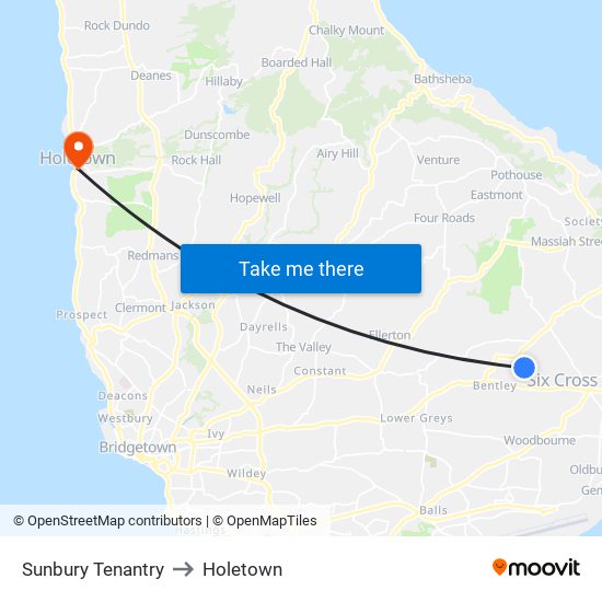 Sunbury Tenantry to Holetown map