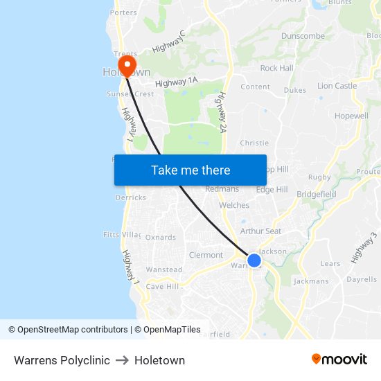Warrens Polyclinic to Holetown map