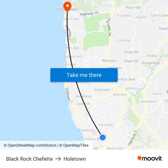 Black Rock Chefette to Holetown map