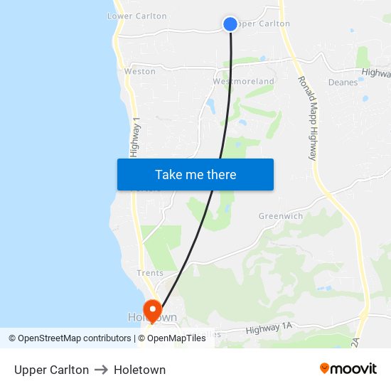 Upper Carlton to Holetown map