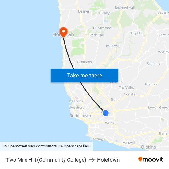 Two Mile Hill (Community College) to Holetown map