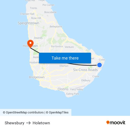 Shewsbury to Holetown map