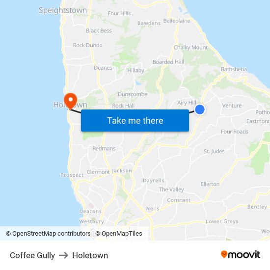 Coffee Gully to Holetown map