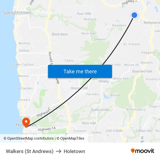 Walkers (St Andrews) to Holetown map