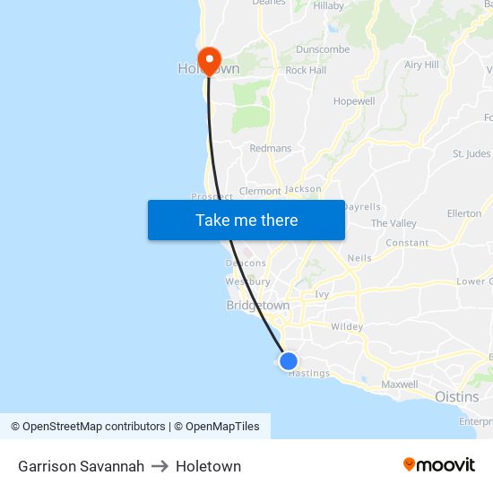 Garrison Savannah to Holetown map
