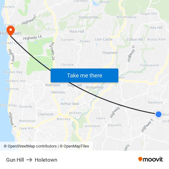 Gun Hill to Holetown map