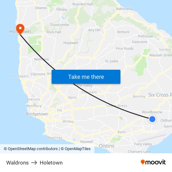 Waldrons to Holetown map