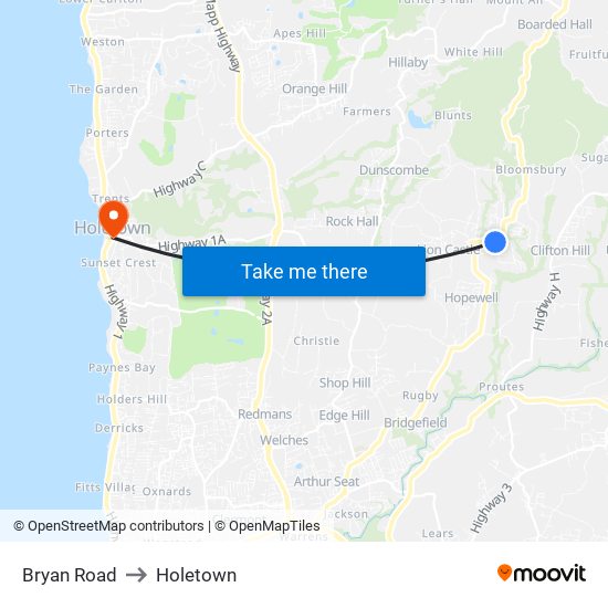 Bryan Road to Holetown map