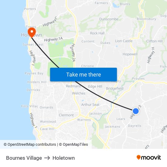 Bournes Village to Holetown map