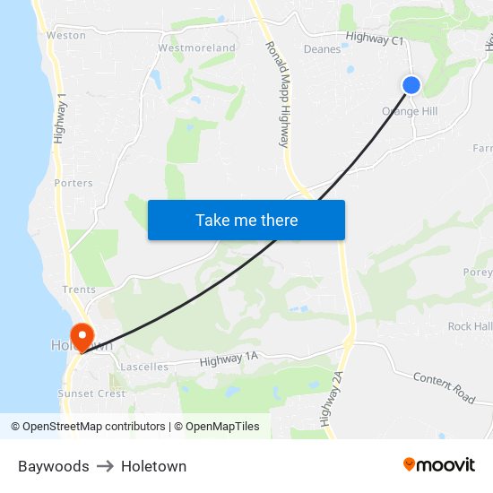 Baywoods to Holetown map