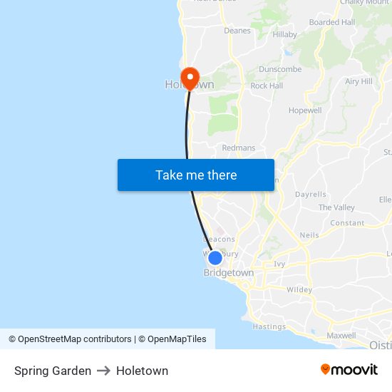 Spring Garden to Holetown map