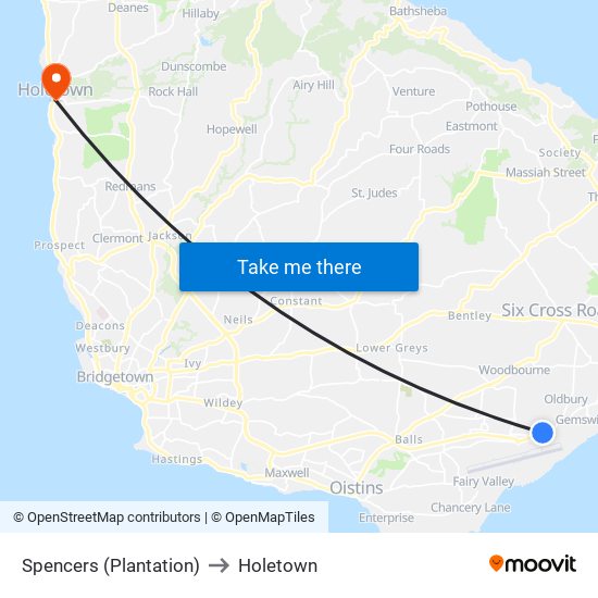 Spencers (Plantation) to Holetown map
