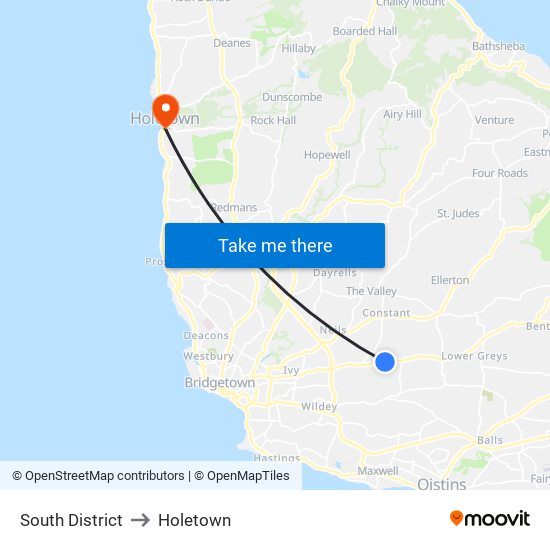 South District to Holetown map